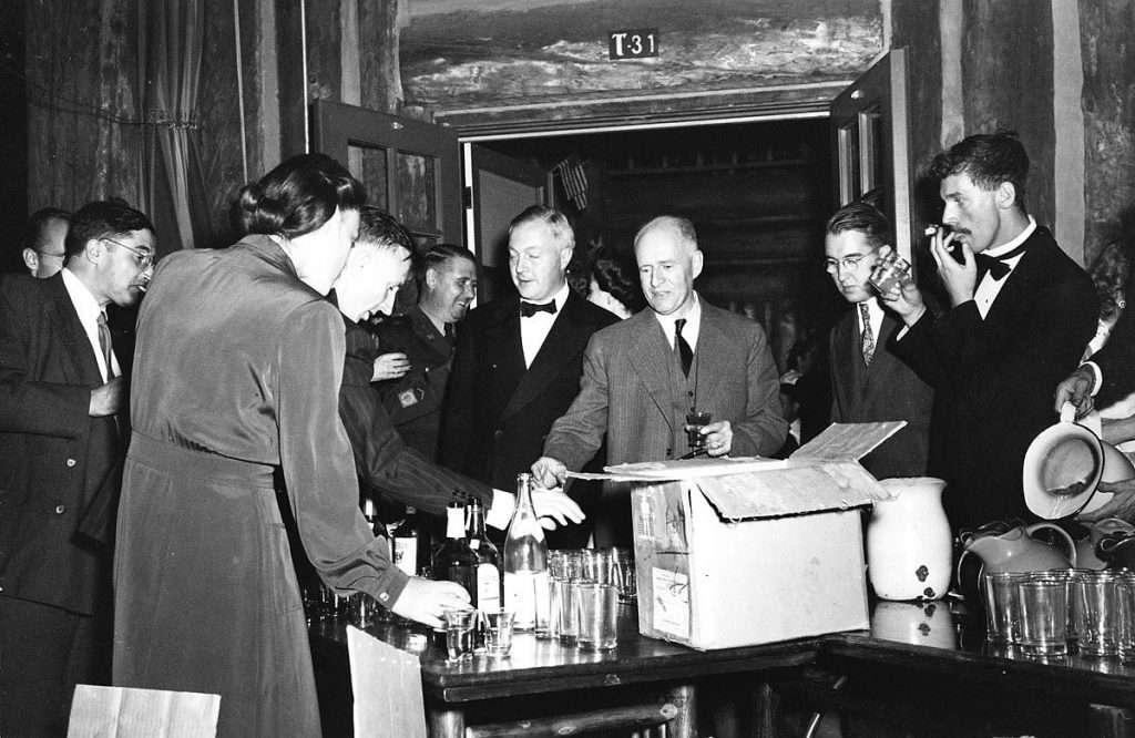 Bar at a British Mission party at Los Alamos, 1945. Photo courtesy of Los Alamos National Laboratory.